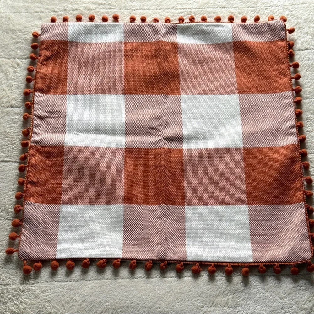 Fall Pillow Covers - Set of 2 Buffalo Orange and White Plaid, Pumpkin, Pom Poms